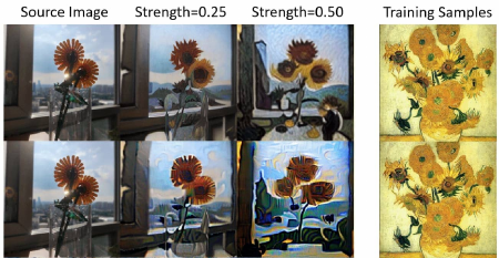 Style transfer from clean artwork (top) and AdvDM-protected artwork (bottom), using the same sunflower source image